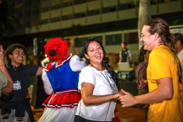 Woman and man dancing.