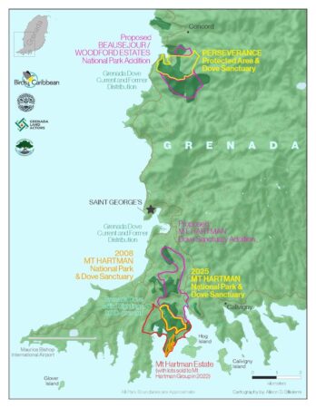 Map of southwest Grenada showing the current and former distribution of the Grenada Dove and current (approximate) and proposed Protected Areas. Note that part of the dove's habitat and national park were sold to a developer in 2022 (outlined in red) and habitat destruction and development are ongoing. (cartography by Alison D. Ollivierre)