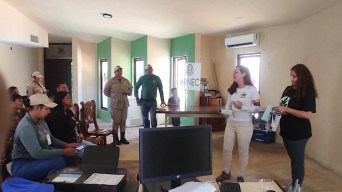 Photo of a woman giving a presentation to a group of people in a room.