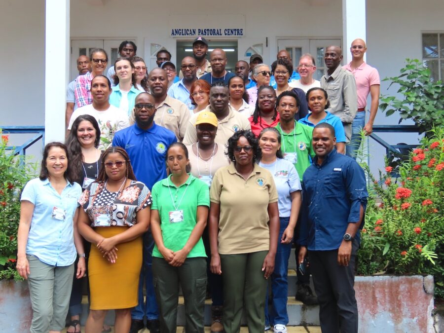 Photo of group of people standing in about 5 lines in front of a building. Everyone is facing the camera and smiling.